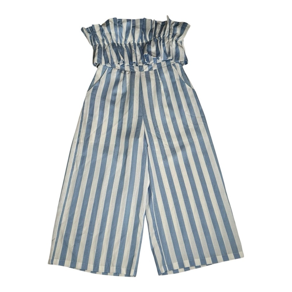 Entro Voluminous Top‎ Wide Leg Blue White Striped Jumpsuit Size Medium - Picture 2 of 12